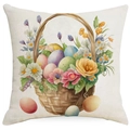 Easter throw pillow cover featuring watercolor basket of colorful eggs and spring flowers - 18x18 Inch / Warm Easter Flower Basket Style (DYM11-20)