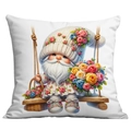 Garden gnome holding roses illustration on white square throw pillow cover case - Gnome on Swing (CDR19-5) / 45x45CM No Pillow Core