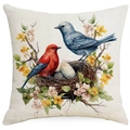 Square Easter pillow cover featuring watercolor birds and nest on beige linen fabric - Birds Nest and Flowers (DYM12-6)