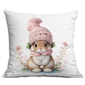 Housse de coussin lapin de Pâques avec bonnet rose et motif floral sur tissu blanc - Lapin de dessin animé avec écharpe rose (CDR27-14)