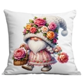 White square pillow cover with garden gnome holding roses and floral basket print - Female Gnome with Flower Basket (CDR19-6) / 45x45CM No Pillow Core