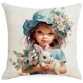 Linen cushion cover with girl and white bunny print and cherry blossoms for Easter - Girl and Bunny (DYM12-7)