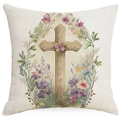 Easter pillow cover with vintage floral wreath and cross design on linen fabric - 18x18 Inch / Cross with Floral Oval Frame Style (DYM11-22)