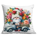 Garden gnome driving vintage truck with colorful roses on white square pillowcase - Gnome Driving Vintage Truck (CDR19-7) / 45x45CM No Pillow Core