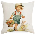 Easter pillow cover with watercolor illustration of a boy and rabbit on linen - Boy and Bunny (DYM12-8)