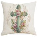 Easter throw pillow cover with vintage turquoise cross and pink peony flowers on beige linen - 18x18 Inch / Turquoise Cross with Flowers Style (DYM11-23)
