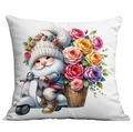 White pillow cover with gnome riding a vintage motorcycle with colorful roses - Gnome on Vintage Motorcycle (CDR19-8) / 45x45CM No Pillow Core