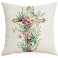 Easter pillow cover with gold cross and watercolor floral pattern on beige linen - 18x18 Inch / Golden Cross Art Style (DYM11-24)