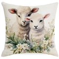 Easter pillow cover with watercolor lambs and floral design on linen fabric - Cuddling Lambs (DYM12-9)