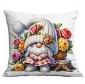 Gnome cushion cover with pink roses and knitting hat for spring garden decor - Female Gnome on Tree Stump (CDR19-10) / 45x45CM No Pillow Core