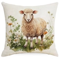 Easter sheep and wildflower pillow cover in beige cotton-linen for home decor - Sheep and Wildflowers (DYM12-11)
