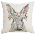 Oster-Leinenkissenbezug mit Aquarell-Hase und Blumenkranz auf beigem Textilgewebe - Hase Mit Blumenkranz (DYM16-1)