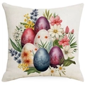 Easter pillow cover featuring colorful eggs and spring flowers on white background - Multicolor Floral Eggs (DYM12-14)