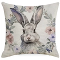Oster-Kissenbezug mit Aquarell-Hase und rosa Blumendekor auf Leinenstruktur-Stoff - Aquarell Grauer Hase Und Rosa Blumen (DYM16-2)