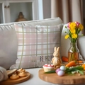 Easter plaid throw pillow with bunny ears and BE HOPPY text on a cozy white sofa - 45x45cm Linen Single Sided (No Core) / Pink White Plaid Be Hoppy (3)