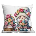 Garden gnome cushion cover with rose basket illustration on white square fabric - Gnome with Flower Basket Beside (CDR19-20) / 45x45CM No Pillow Core