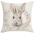 Oster Kissenhülle aus Leinen mit braunem Aquarell-Hasen und einem rosa Blumenkranz - Hellbrauner Aquarell Hasenkranz (DYM16-3)