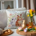 Easter bunny and floral watercolor print linen throw pillow cover on a white sofa - 45x45cm Linen Single Sided (No Core) / Two Rabbits and Flowers (4)