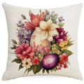 Square linen Easter pillow case featuring colorful floral prints and decorative eggs - Flying Bird and Eggs (DYM12-16)