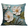3D embossed pillow cover featuring white flowers on a teal oil painting background - 45*45cm (No Insert) / Blue Green White Flower 3D (CDR02-30)