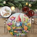 Round festive placemat featuring colorful forest gnome and floral garden illustration - Forest Gnome And Flowers (YCD01-5)