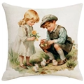 Easter pillow cover featuring a vintage illustration of children and rabbits on cream fabric - Children with Rabbit (DYM12-21)