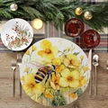 Round placemat with bee and yellow floral watercolor print on a rustic wooden table - Bee And Yellow Flowers (YCD01-6)