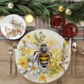 Round placemat with watercolor bee and yellow flower design on a rustic wooden table - Watercolor Bee And Cluster Flowers (YCD01-7)