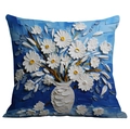 Square 3D oil painting style pillow cover with blue background and white daisy flowers - 45*45cm (No Insert) / Blue White Yellow Daisy Oil (CDR02-37)