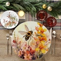 Round placemat with watercolor bee and orange flower design on cotton linen fabric - Bee And Orange-Yellow Flowers (YCD01-8)