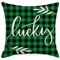 Grün-schwarz karierter St. Patrick's Day Kissenbezug mit Lucky-Schriftzug und Blättern - 45*45cm Leinen Einseitig Ohne Füllung / Lucky Muster Stil (DYM24-1)