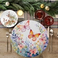 Round festive table mat with butterfly floral print and watercolor design on textured fabric - Butterfly And Watercolor Flowers (YCD01-9)