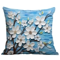 Blue 3D floral oil painting style cushion cover with embossed white flowers for sofa - 45*45cm (No Insert) / Sky Blue White Relief Flower (CDR02-40)