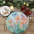 Round place mat featuring watercolor orange flowers and blue butterflies on a wooden table - Blue Flying Butterflies (YCD01-10)