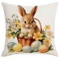 Easter throw pillow case with cartoon bunny and colorful eggs on linen fabric - Baby Rabbit in Basket (DYM09-1)