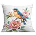 Quadratischer Kissenbezug mit Blumen- und Vogelprint, rosa Pfingstrosen auf weißem Stoff - Eisvogel Und Rosa Pfingstrose (CDR22-3) / 45x45cm