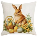 Easter cushion cover featuring a brown rabbit and colorful eggs on linen fabric - Long-eared Rabbit and Basket (DYM09-2)