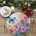 Round table mat featuring watercolor floral and blue butterfly art on wood background - Colorful Butterfly And Purple Flowers (YCD01-11)