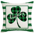 Funda de cojín de lino San Patricio con trébol de cuadros y rayas verdes - Patrón de Trébol de la Suerte y Borde de Rayas (DYM24-4)