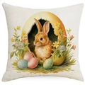 Easter throw pillow cover with brown rabbit and colorful eggs on linen fabric - Rabbit and Golden Cracked Egg (DYM09-3)