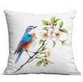Square white pillowcase with digital floral and blue bird print for home decoration - Blue Bird and White Pear Blossoms (CDR22-6) / 45x45cm