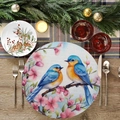 Round table mat featuring watercolor bluebirds and pink cherry blossoms on cotton linen - Bluebirds And Cherry Blossoms (YCD01-12)