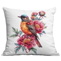 White square cushion cover featuring a colorful bird and pink peony floral print - Red-bellied Bird and Blooming Peony (CDR22-9) / 45x45cm