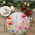 Round linen place mat featuring watercolor floral patterns with red poppies and wildflowers - Watercolor Pastoral Flowers (YCD01-15)