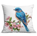 White square pillowcase with realistic blue bird and pink cherry blossom floral print - Blue Bird and Pink Cherry Blossoms (CDR22-11) / 45x45cm