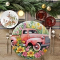 Round floral table mat featuring a vintage red truck and spring blossoms on dark wood - Retro Red Pickup Truck And Flowers (YCD01-16)