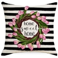 Gestreifter Osterkissenbezug mit Tulpenkranz und Home Sweet Home Aufdruck - Leinen Ohne Kern / Streifen Tulpenkranz (DYM15(9)-1) / 45x45cm