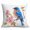 Square floral pillow case featuring realistic bluebird and pink cherry blossoms - Bluebird and Peach Blossoms (CDR22-12) / 45x45cm