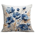 Blauw 3D-bloemmotief op crèmekleurige kussensloop met goudkleurige bladdetails - Artistieke Gelaagde Blauw Bloemen (SDR01-5)