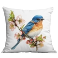 Square white pillowcase with realistic bluebird and pink spring flower printing - Bluebird and Pale Pink Flowers (CDR22-13) / 45x45cm